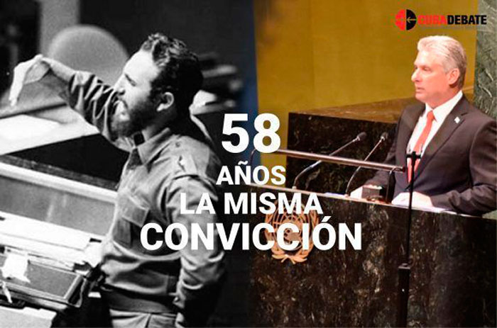 Fotos de Fidel en su intervención en la ONU, el 26 de septiembre de 1960, y de Diaz-Canel 58 años después en la AGNU. Fotos de Fidel en su intervención en la ONU, el 26 de septiembre de 1960, y de Diaz-Canel 58 años después en la AGNU.