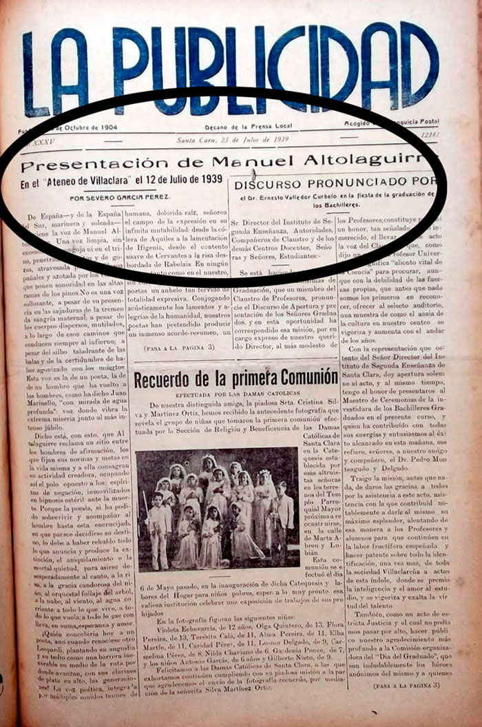 Presentación del poeta español Manuel Altolaguirre, escrita por Severo García Pérez. Presentación del poeta español Manuel Altolaguirre, escrita por Severo García Pérez.