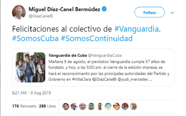 Felicitación del presidente cubano a Editora Vanguardia