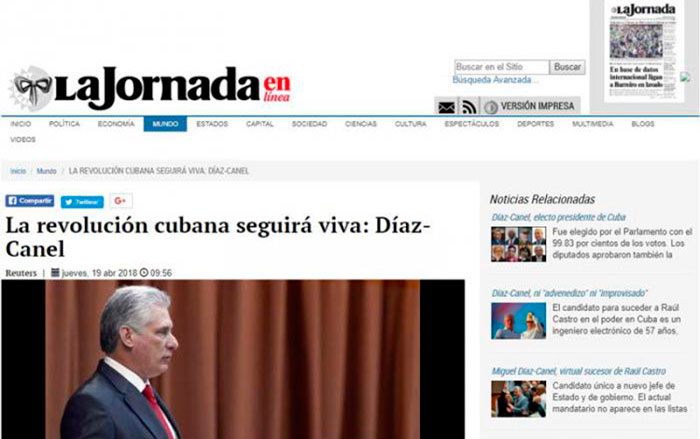 Felicitación a presidente cubano, Miguel Díaz-Canel, en diario mexicano La Jornada.