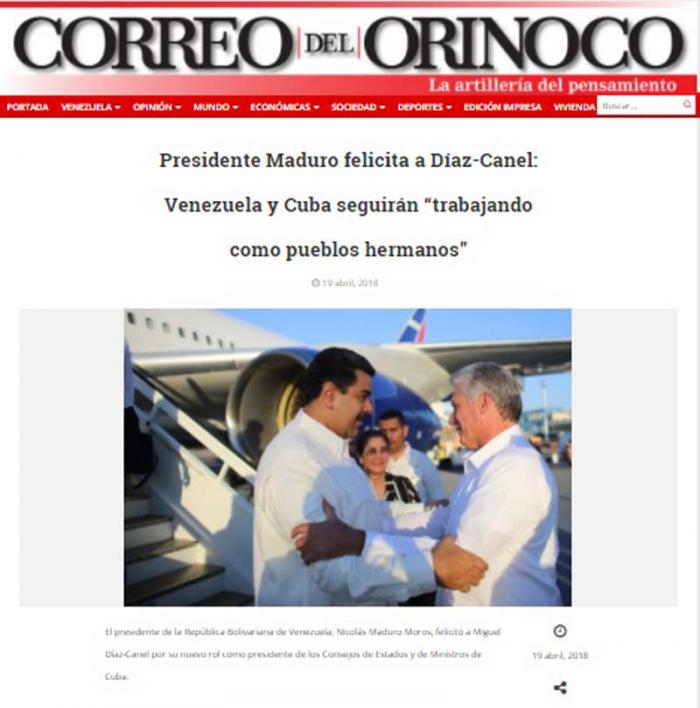 Diario Correo del Orinoco, de Venezuela. Felicitación de Nicolás Maduro a Miguel Díaz-Canel en diario Correo del Orinoco.