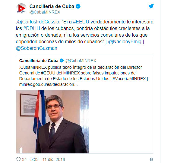 Tuit de Carlos Fernández de Cossí­o, director general de Estados Unidos del Ministerio de Relaciones Exteriores. 