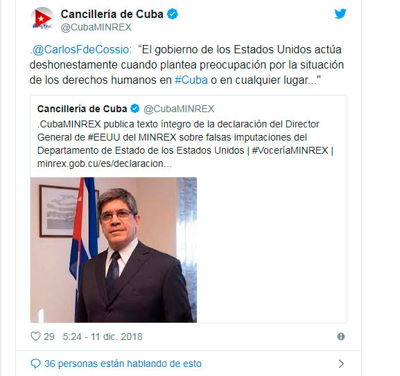 Tuit de Carlos Fernández de Cossí­o, director general de Estados Unidos del Ministerio de Relaciones Exteriores. 