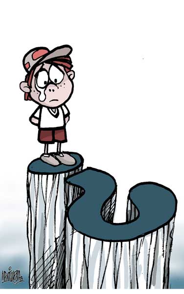 caricatura de un niño sobre un signo de interrogación caricatura de un niño sobre un signo de interrogación