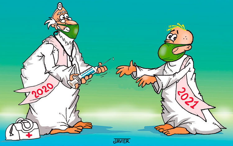 Caricatura de Javier Cubero Torres sobre el fin de año y la vacuna contra la COVID-19.