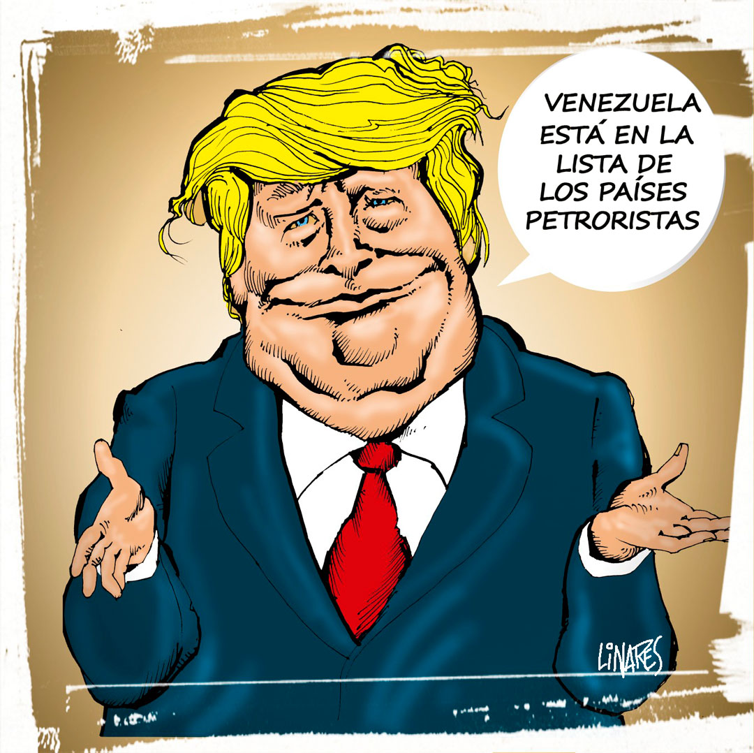 Ilustración de Adalberto Linares sobre las amenazas del gobierno de Donald Trump contra Venezuela.