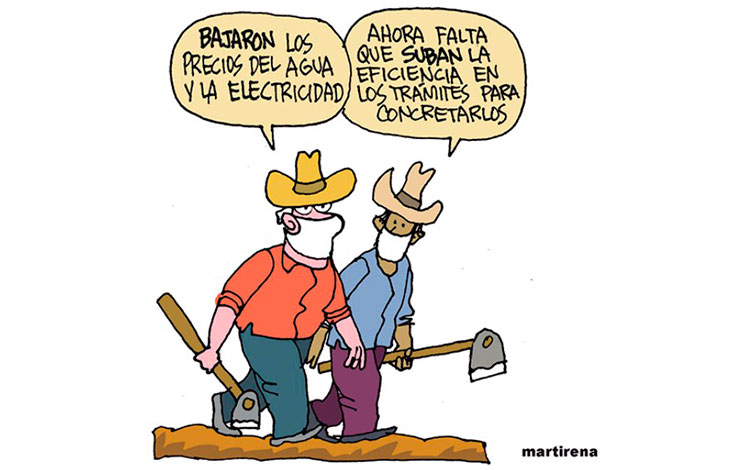 Caricatura de Alfredo Martirena sobre las rebaja de las tarifas del agua y la electricidad en el sector agropecuario.