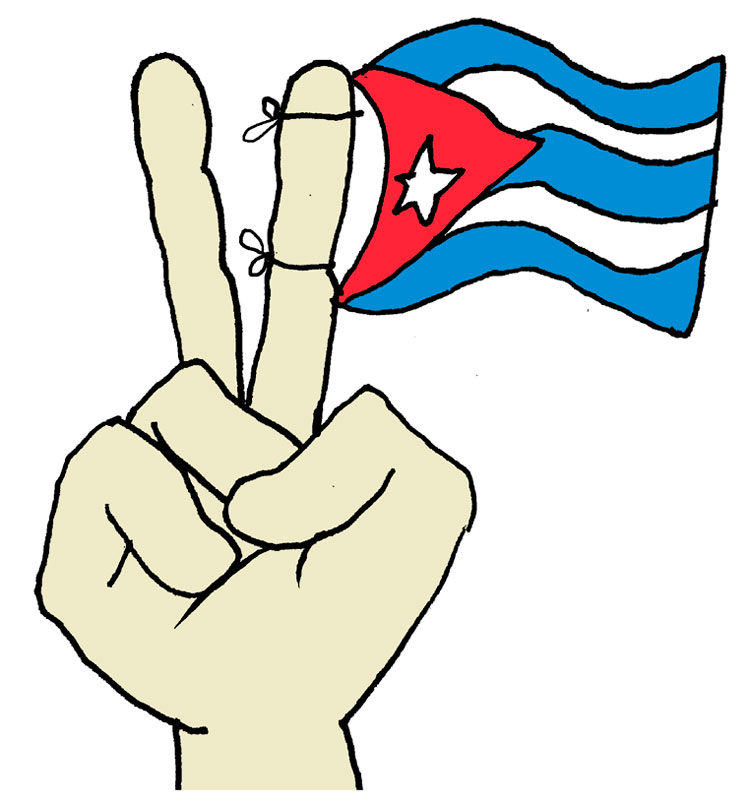 Ilustración de Alfredo Martirena de mano en señal de victoria y bandera cubana.