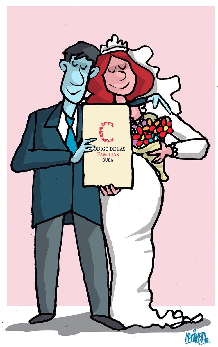 Ilustración de Alfredo Martirena de pareja de novios casándose con el Código de las Familias en las manos. Ilustración de Alfredo Martirena de pareja de novios casándose con el Código de las Familias en las manos.