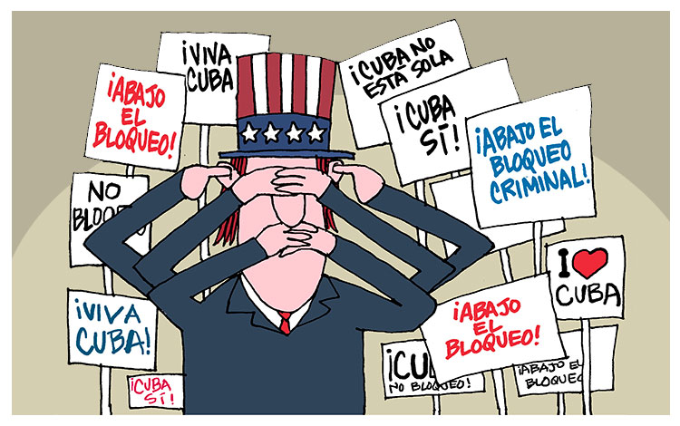 Ilustración de Alfredo Martirena sobre el bloqueo de los Estados Unidos contra Cuba.