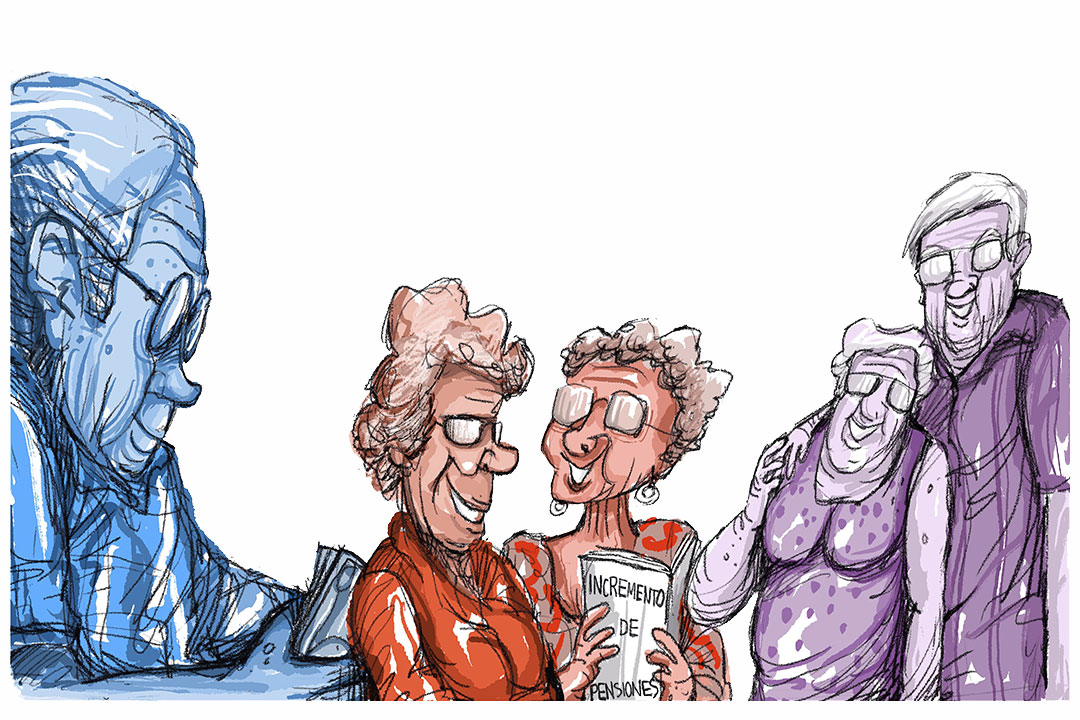 Ilustración de Alfredo Martirena sobre el aumento de jubilaciones y pensiones en Cuba.