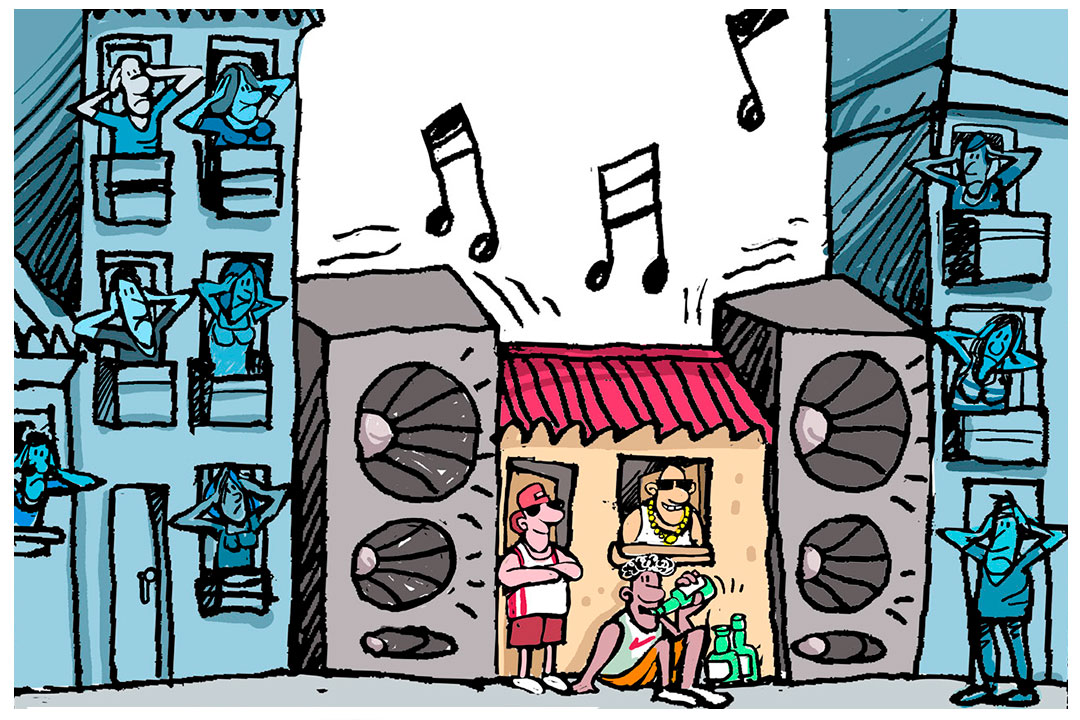 Ilustración de Alfredo Martirena sobre la indisciplina por música alta en las casas.