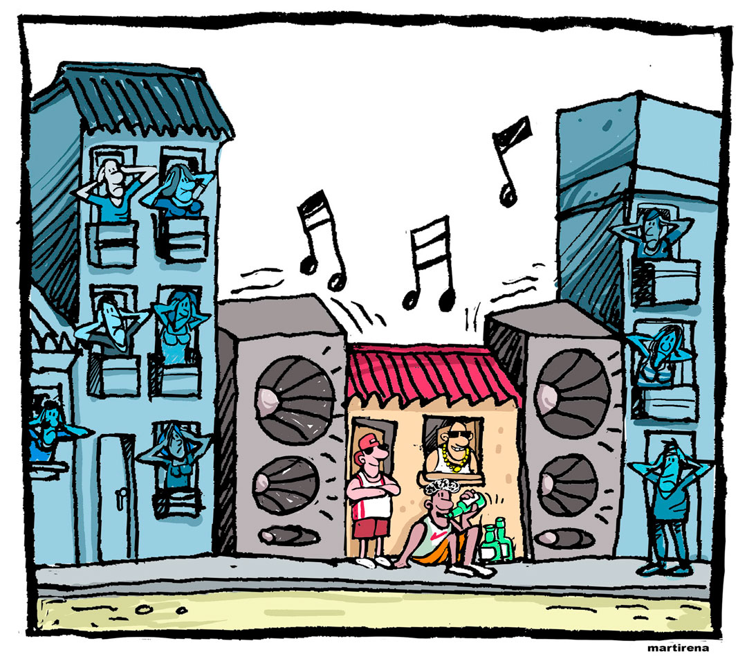 Ilustración de Alfredo Martirena sobre la indisciplina por música alta en las casas.
