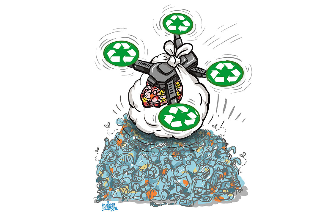 Ilustración de Alfredo Martirena sobre el reciclaje de desechos.