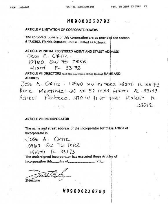 Documento oficial de registro de la empresa paramilitar Fuerza Cubana de Liberacion Inc., del terrorista Raibel Pacheco.
