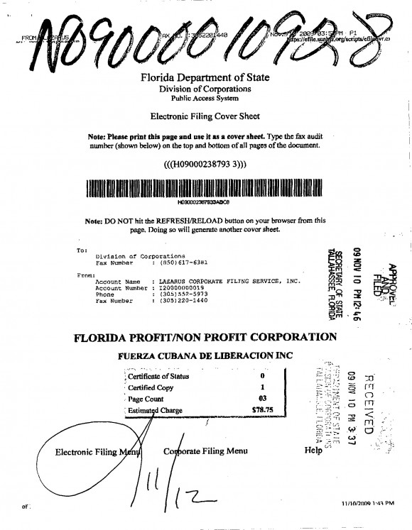 Documento oficial de registro de empresa paramilitar Fuerza Cubana de Liberación, de terrorista cubanoamericano Raibel Pacheco.