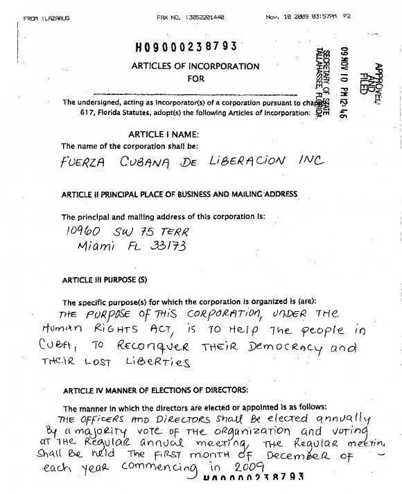 Documento oficial de registro de organización paramilitar Fuerza Cubana de Liberacion Inc.
