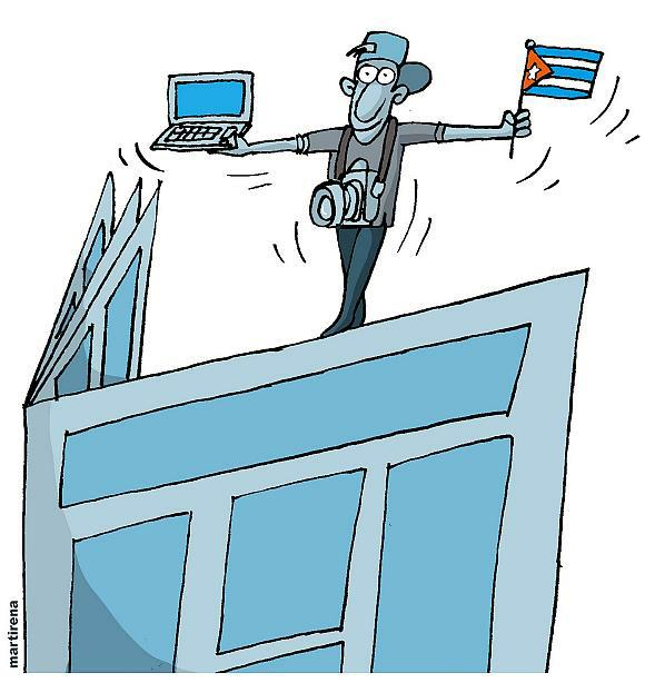 Caricatura de Martirena sobre retos de la prensa cubana.