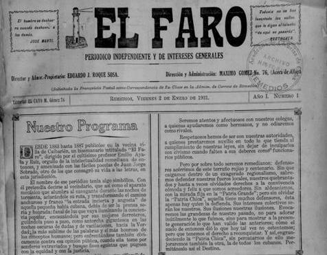 Primer número del periódico El Faro, Remedios, 1931.