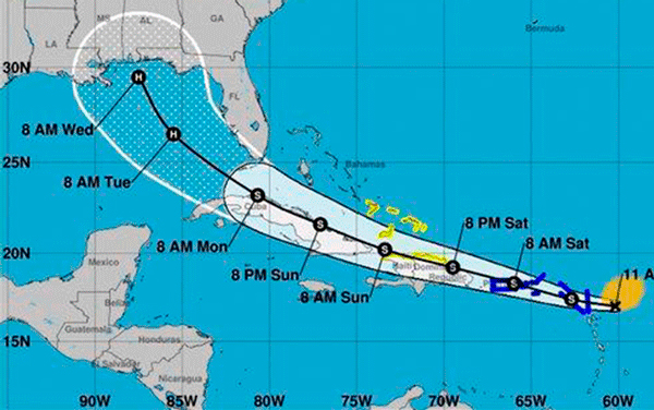 Mapa de trayectoria de la tormenta tropical Laura, el 21 de agosto de 2020.