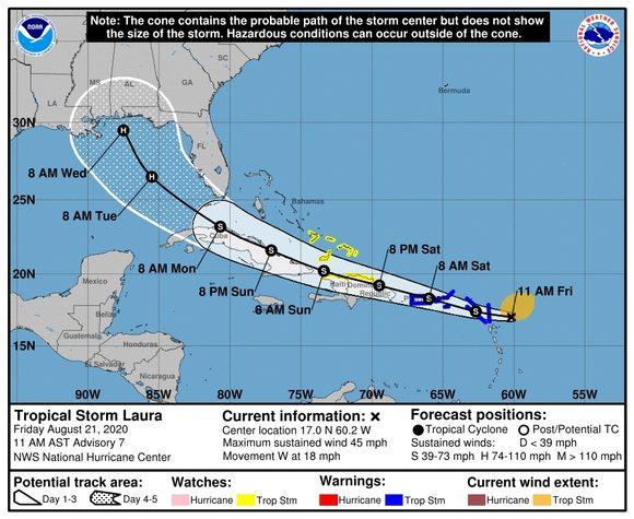 Mapa de trayectoria de la tormenta tropical Laura, el 21 de agosto de 2020.