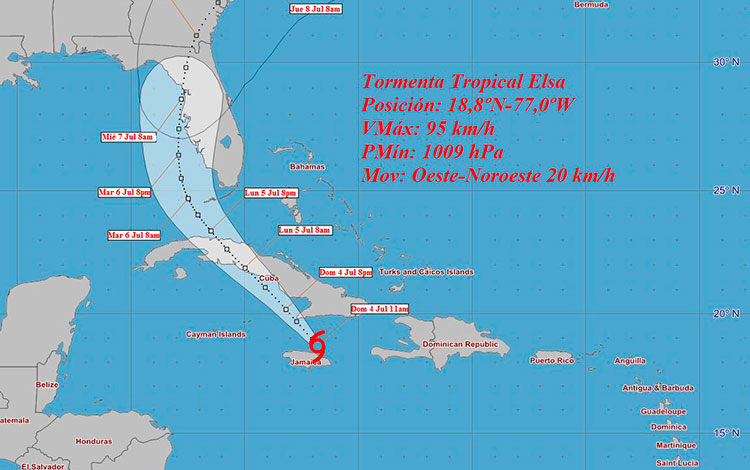 Cono de trayectoria de la tormenta tropical Elsa a las 12:00 m. del 4 de julio de 2021.