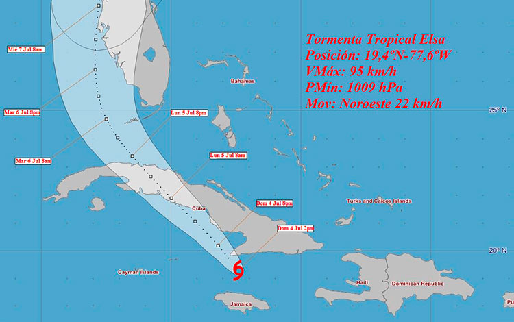 Cono de trayectoria de la tormenta tropical Elsa a las 3:00 p.m. del 4 de julio de 2021.
