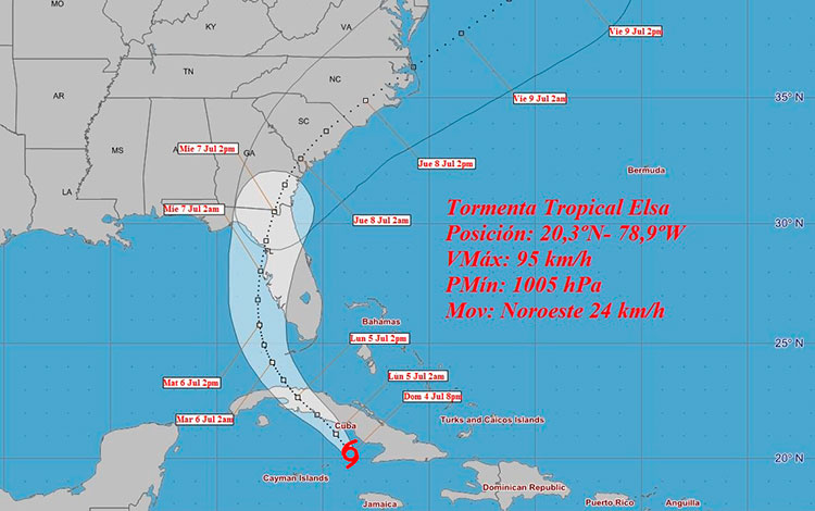 Cono de trayectoria de la tormenta tropical Elsa, a las 6:00 p.m. del 3 de julio de 2021.