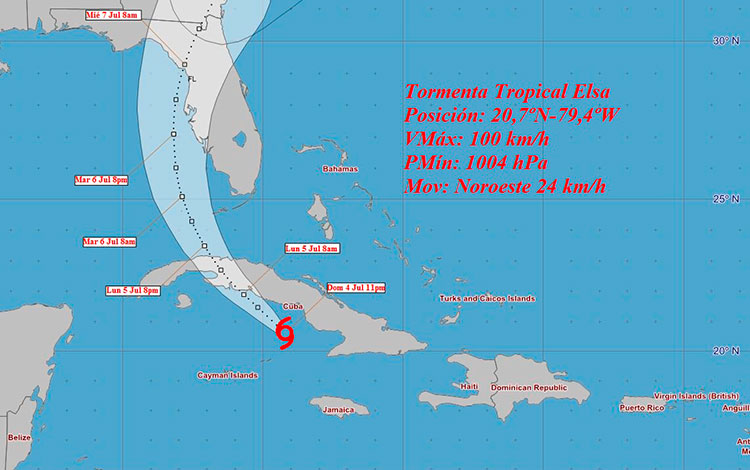 Cono de trayectoria de la tormenta tropical Elsa, a las 12:01 a.m. del 5 de julio de 2021.