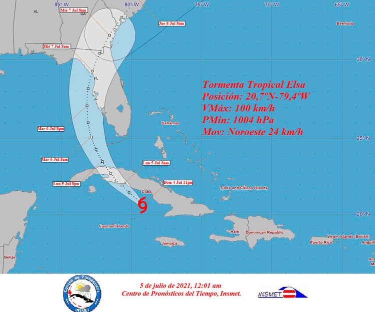 Cono de trayectoria de la tormenta tropical Elsa, a las 12:01 a.m. del 5 de julio de 2021.