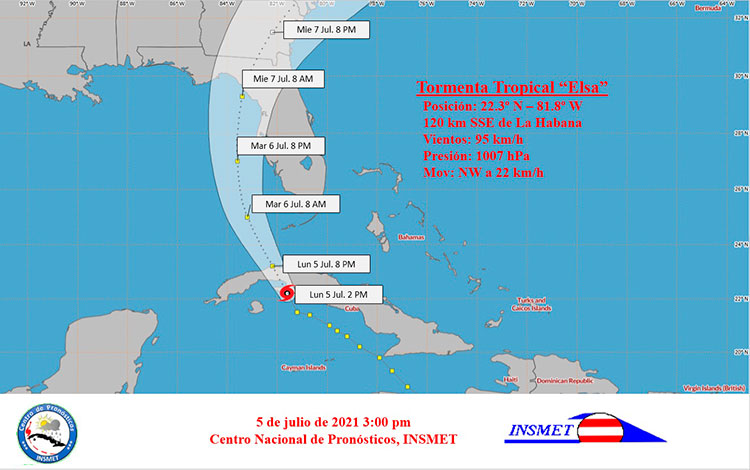 Cono de trayectoria de la tormenta tropical Elsa, a las 3:00 p.m. del 5 de julio de 2021.