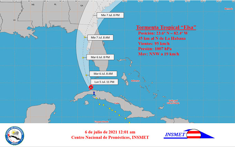 Cono de trayectoria de la tormenta tropical Elsa, a las 12:01 a.m. del 6 de julio de 2021.