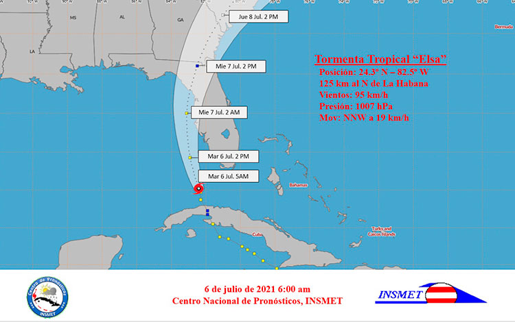 Cono de trayectoria de la tormenta tropical Elsa, a las 6:00 p.m. del 1 de julio de 2021.