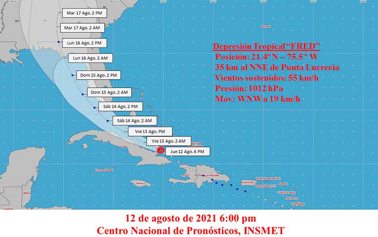 Cono de trayectoria de Fred el jueves 12 de agosto a las 6:00 p.m.