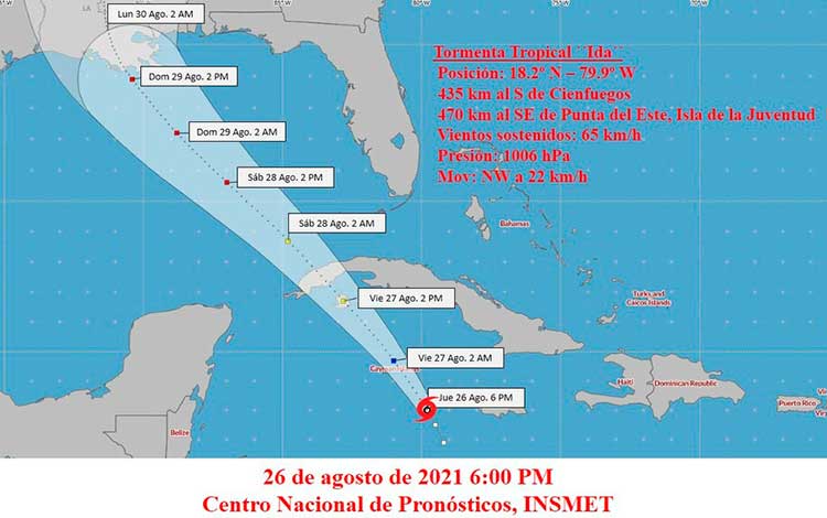 Cono de trayectoria de la depresión tropical número 9, el 26 de agosto de 2021, 6:00 p,m.