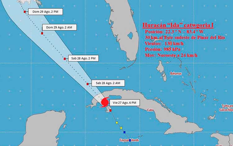 Conoi de trayectoria del huracán Ida a las 6:00 p.m. del viernes 27 de agosto de 2021.