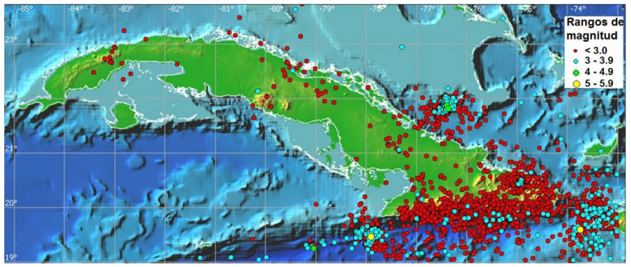 Mapa sobre actividad sismológica en Cuba.