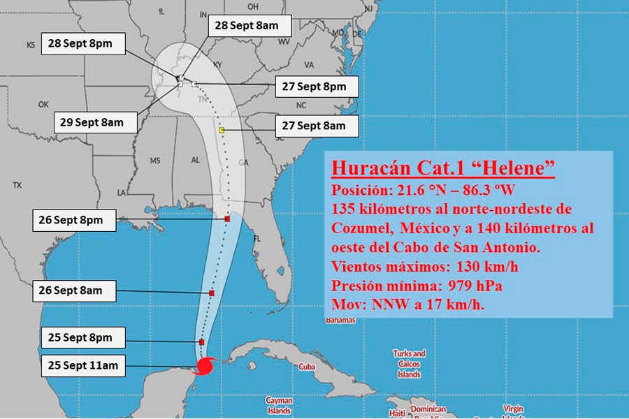Cono de trayectoria del huracán Helene, el 25 de septiembre de 2024, a las 11:00 a. m.