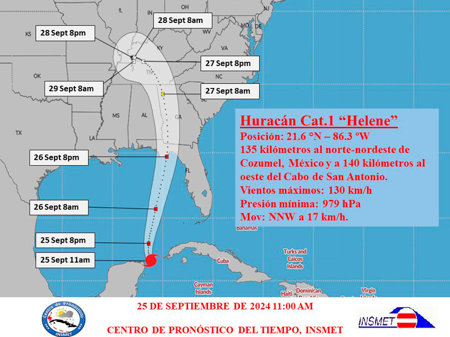 Cono de trayectoria del huracán Helene, el 25 de septiembre de 2024, a las 11:00 a. m.