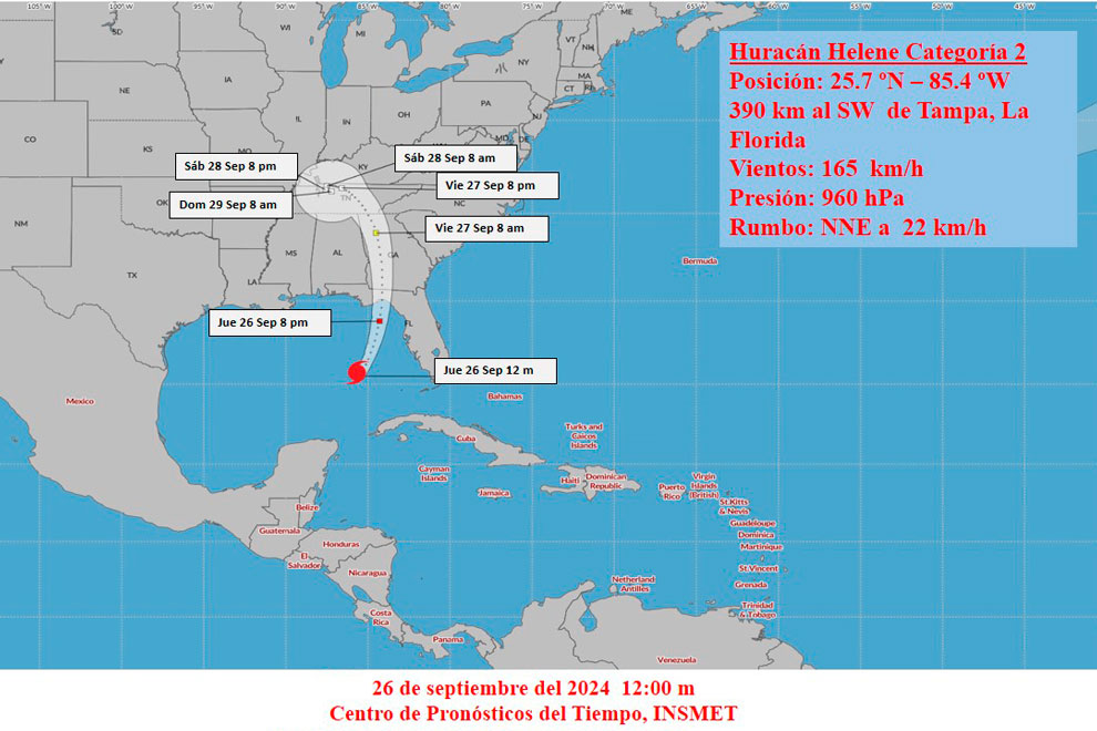 Cono de trayectoria del huracán Helene, el 26 de septiembre de 2024, a las 12:00 m.