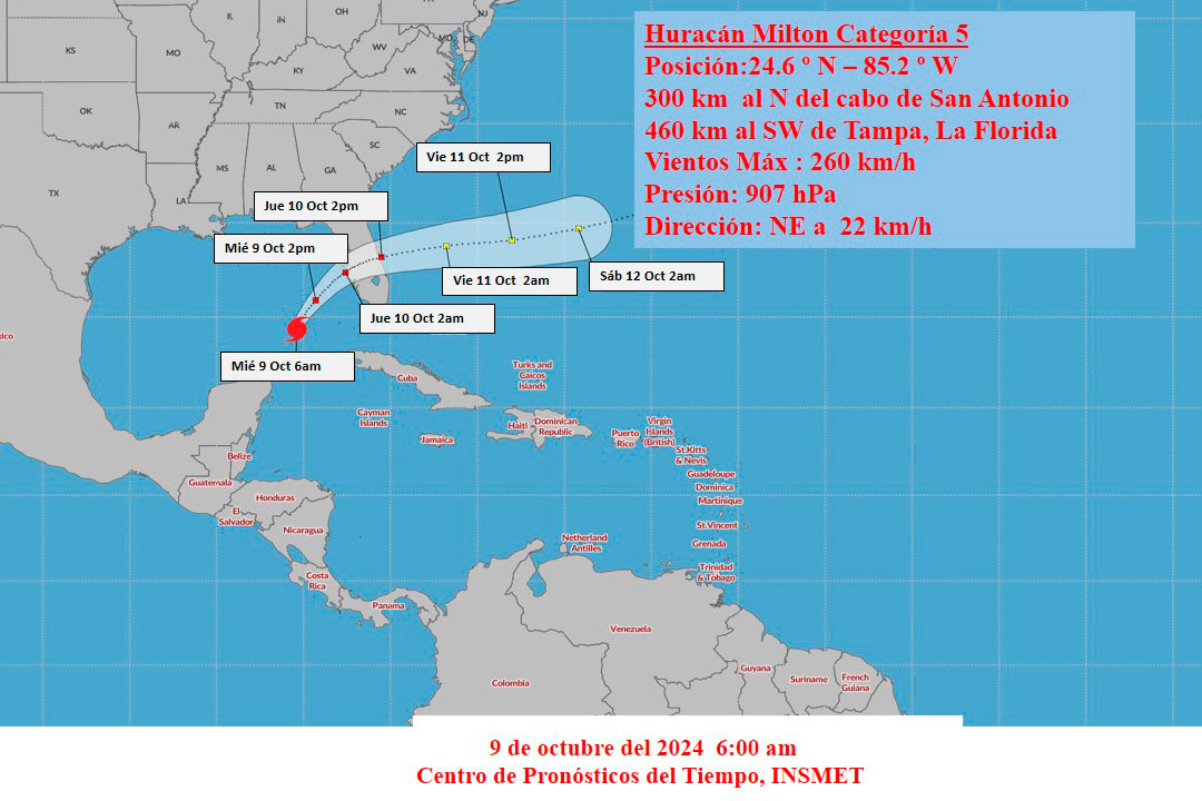 Cono de trayectoria del huracán Milton el 9 de octubre de 2024 a las 6:00 a. m.