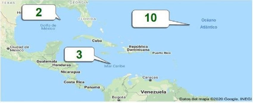Posible área de formación de los ciclones tropicales pronosticados para 2025.