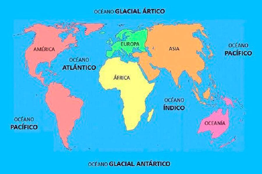Distribución de los océanos en el planeta Tierra.