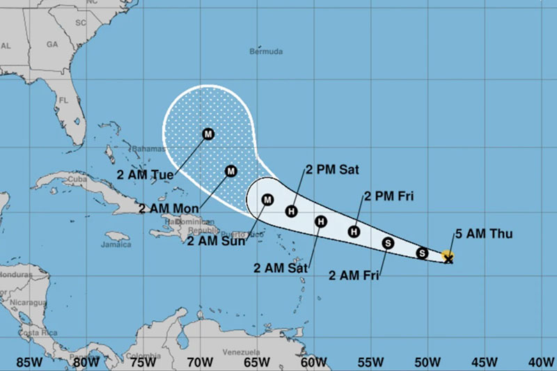Cono de trayectoria de la tormenta tropical Erin, el 14 de agosto de 2025.