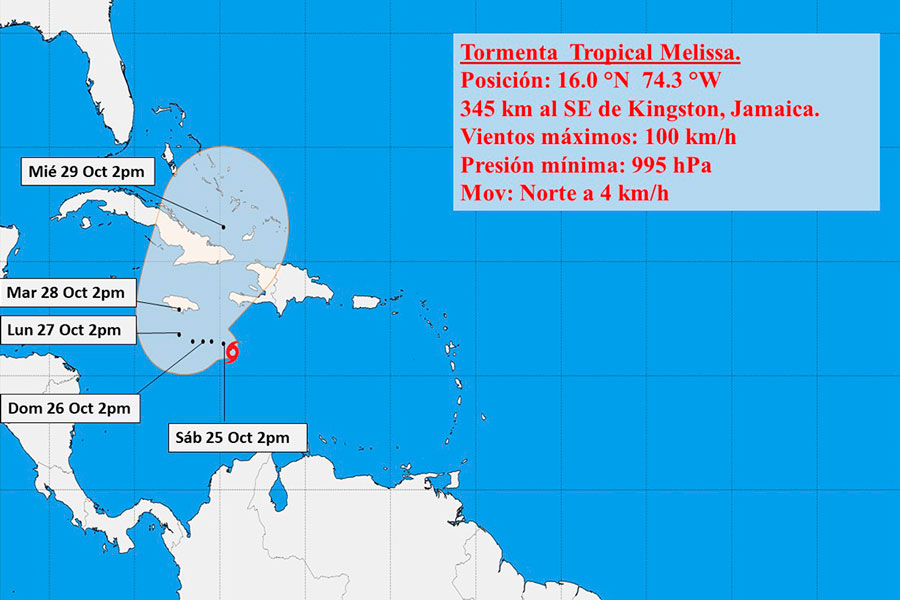 Cono de trayectoria de la tormenta tropical Melissa, a las 6:00 p. m. del 24 de octubre de 2025.