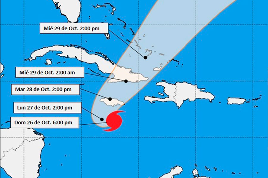 Cono de trayectoria del huracán Melissa a las 6:00 p. m. del domingo 26 de octubre de 2025.