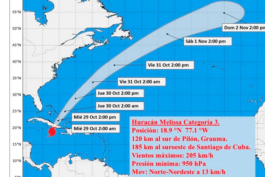 Cono de trayectoria del huracán Melissa, 28 de octubre de 2025, 9:00 p. m.