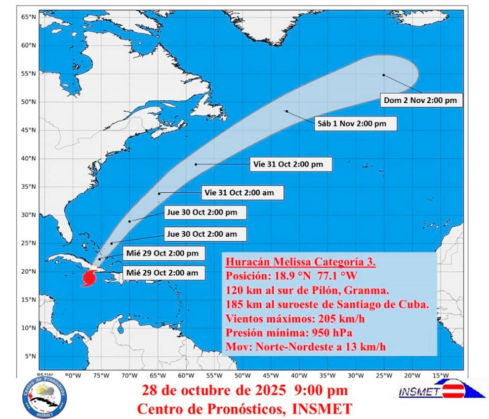 Cono de trayectoria del huracán Melissa, 28 de octubre de 2025, 9:00 p. m.