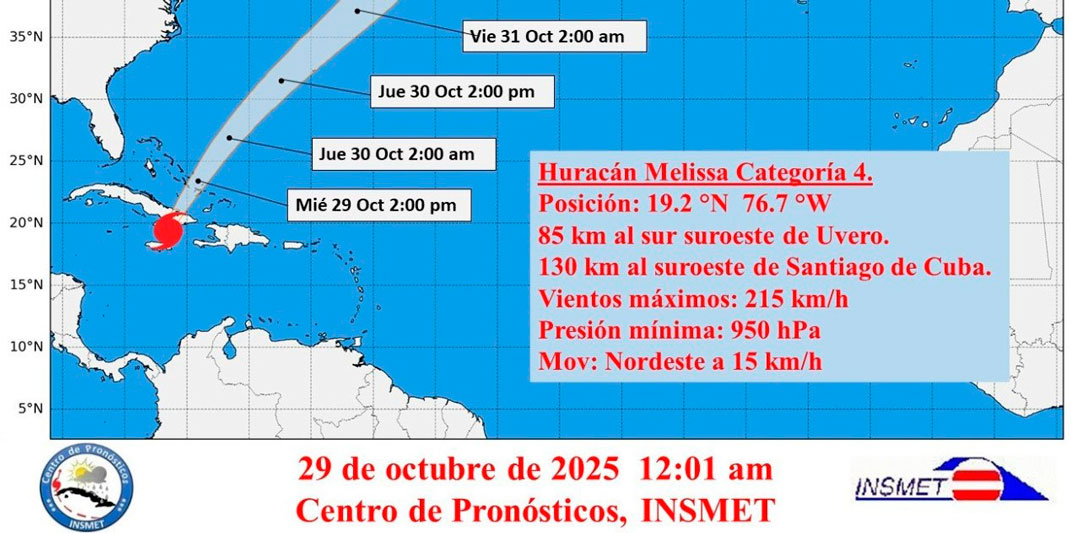 Cono del huracán Melissa a las 12:01 del 29 de octubre de 2025.