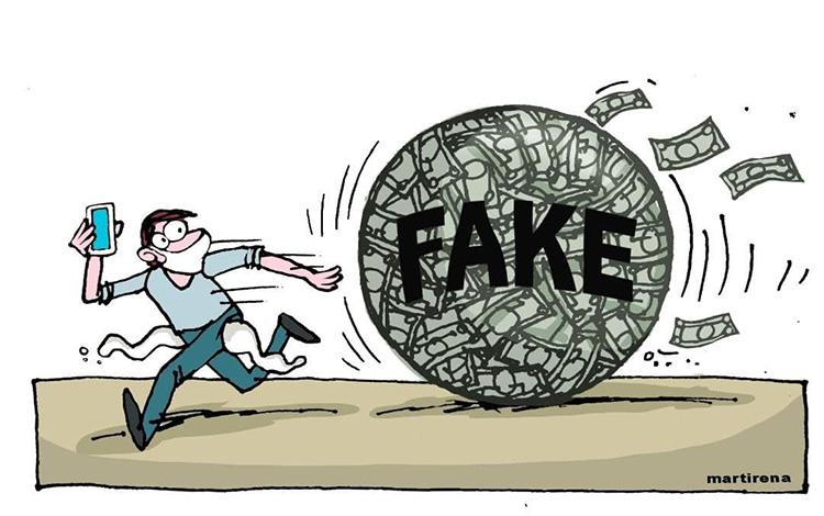 Ilustración de Alfredo Martirena sobre La bola, estafa piramidal en las redes sociales.
